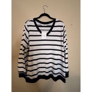NWT Emily Daniels‎ Black White Striped Sweater Pullover V Neck Plus Size 1X